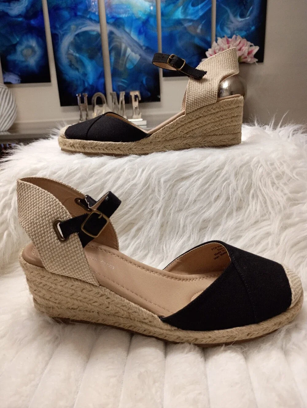 New Journee Collection Ashly Black spadrille Wedge Sandals with Ankle Strap